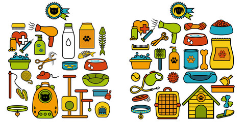 Série de pictogrammes d’objets pour les chats et les chiens dessinés en couleur. - obrazy, fototapety, plakaty