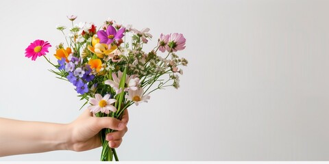 small bouquet of spring flowers in human hand on white background
