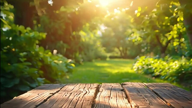 Wooden table top with sunny nature background.