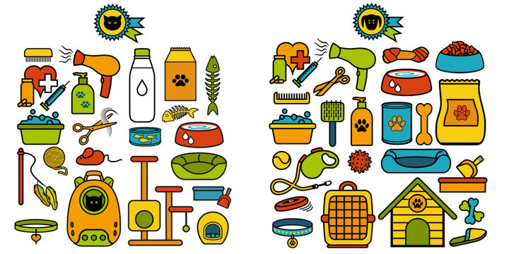 S&eacute;rie de pictogrammes d&rsquo;objets pour les chats et les chiens dessin&eacute;s en couleur.
