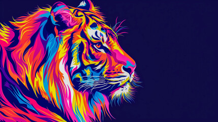A majestic Tiger is depicted in a vibrant, abstract art style with explosive colors against a dark...