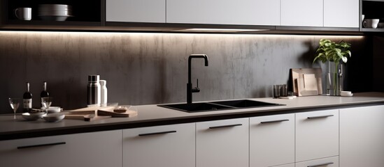 A modern kitchen with a sleek black and white color scheme and acrylic finish. The image showcases a functional sink area with black handles on the cabinets.