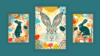 Easter bunny poster. Postcard Happy Easter . hand drawing. Not AI. Vector illustration