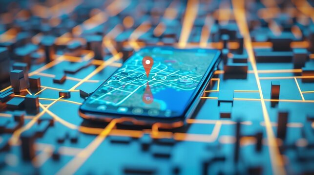 A cell phone on a miniature model of a city.