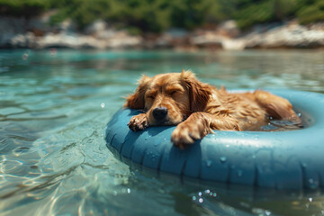 Relaxed dog, on a floating tube, enjoys the clear water under sunlight.
