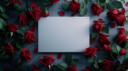 Na białym arkuszu papieru leżą czerwone róże, tworząc urokliwą kompozycję. Kwiaty pięknie otaczają puste miejsce na środku kartki. - obrazy, fototapety, plakaty