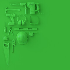 Top view of monochrome construction tools for repair on multicolor background