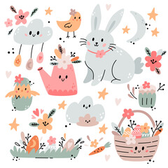 Easter set with bunny, basket, flowers, eggs, chick and design elements. Easter illustration with festive animals in boho style. Ideal for kids room decoration, clothing, prints.