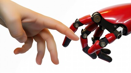 Ludzka ręka sięga w kierunku czerwonej, metalowej dłoni robota, która jest w zasięgu. Więź robota i człowieka. - obrazy, fototapety, plakaty