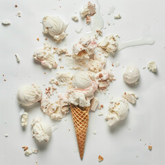 scoops of ice cream in cone spilled and smashed  on the ground white background, isolated, summer concept