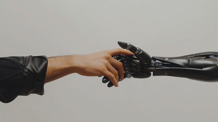 Osoba w czarnej koszuli wyciąga rękę do czarnej ręki mechanicznej witając się, co sugeruje technologiczne połączenie między ludzką i sztuczną kończyną. - obrazy, fototapety, plakaty