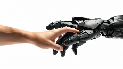 Ludzka ręka wkłada z zaufaniem swoją dłoń w dłoń robota, tworząc połączenie. - obrazy, fototapety, plakaty