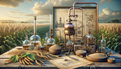 Biofuel production in vintage-inspired laboratory with copper distillation apparatus.