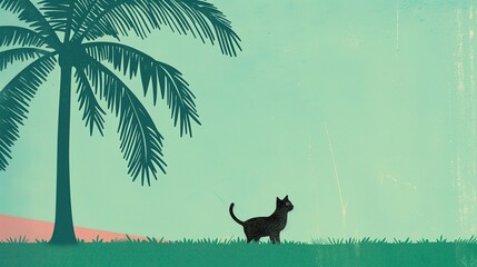 Czarny kot stoi na otwartym polu obok wysokiej palmy. Kot spogląda wokół siebie, badając swoje otoczenie. - obrazy, fototapety, plakaty