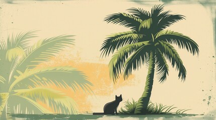 Na plaży siedzi czarny kot pod palmą, ciesząc się słońcem i otoczeniem. - obrazy, fototapety, plakaty