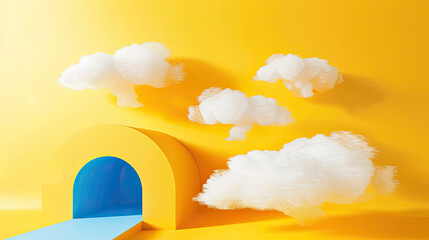 3d rendering, abstract minimalistic yellow background with tunnel, blue passage and white clouds flying out of the tunnel 