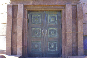 Beautiful historical wooden gate, urban architecture. Doors.