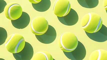 Tapeta o grupie piłek tenisowych ułożonych symetrycznie obok siebie, tworząc interesujący wzór. Cień pada na bok. - obrazy, fototapety, plakaty