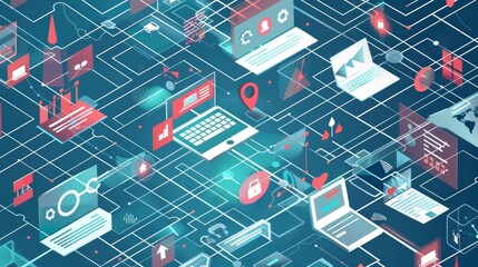 Fototapeta premium An isometric seamless pattern with technology concept