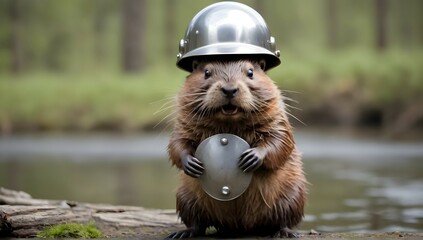 A beaver with a steel helmet