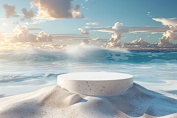 White podium, amid sandy shores and turbulent waves, stands under a cloudy sky, creating a dynamic summer scene.
