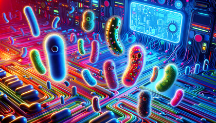 Whimsical Pop Futurism: Harmonious Foodborne Pathogens in a Technological World - obrazy, fototapety, plakaty