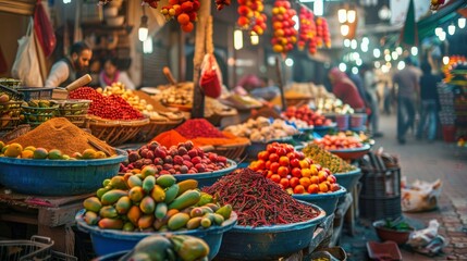 Dive into the bustling energy of Ramadan's vibrant markets, where the air is filled with the sounds of bargaining and the aroma of spices, creating a sensory feast for the senses amidst the frenzy of  - obrazy, fototapety, plakaty