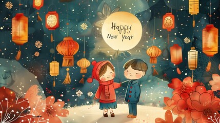 Kartka na nowy rok z lampionami i nocą. Dwoje dzieci stojących obok siebie w zimę. - obrazy, fototapety, plakaty
