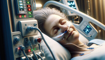 A middle-aged woman in a hospital room lying in bed. She is hooked up to a series of life support machines, and monitors next to her display her heart rate, oxygen levels and other vital statistics. - obrazy, fototapety, plakaty