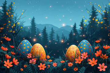 Forest scene with two eggs and a bunch of flowers. Festive Easter card