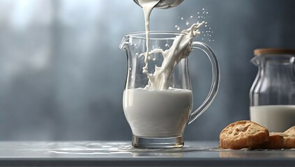 a milk being poured out from the pitcher on the glass table surface, best quality, cloudy gray background, digital HD art, highly detailed, concept art, ultra realistic digital illustration - obrazy, fototapety, plakaty