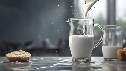 a milk being poured out from the pitcher on the glass table surface, best quality, cloudy gray background, digital HD art, highly detailed, concept art, ultra realistic digital illustration - obrazy, fototapety, plakaty