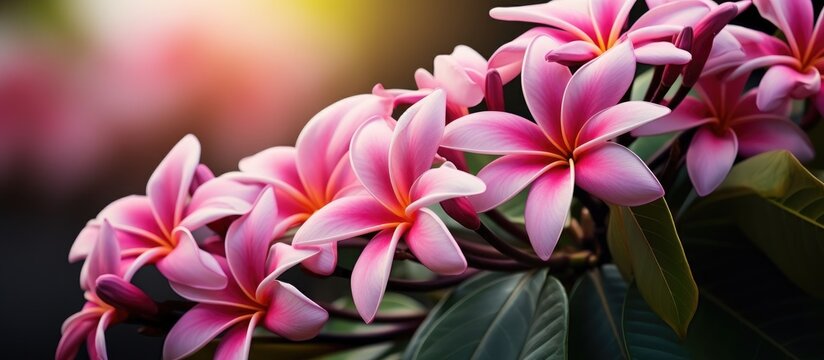 A collection of pink Frangipani flowers, also known as Plumeria rubra, with green leaves in the background. The vibrant pink petals contrast against the lush greenery of the leaves.