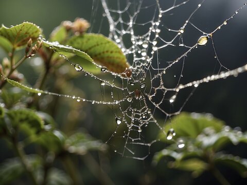 Raindrops suspended on a spider's web, each acting as a lens distorting the background flora