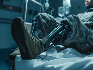 prosthetic leg for military and soldiers in the army. Recovery in a military hospital ward. Close-up.