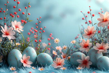 Blue and pink flower field with a bunch of eggs scattered around with copy space - Powered by Adobe