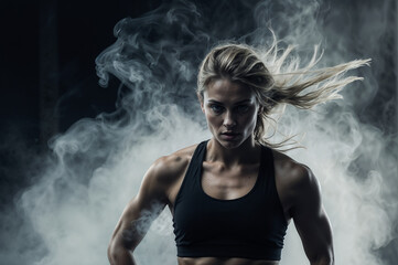 A fitness woman wearing a black sports bra stands with smoke billowing behind her.
 - obrazy, fototapety, plakaty