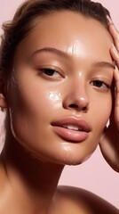 a beauty close-up shot by Daniel Jackson, as a skincare campaign, in a studio with a pink gradient background and touch of grey, the model is a white female, she looks like Belle Hadid
