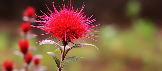 A detailed view of a vibrant redflower ragleaf in sharp focus against a softly blurred background. The intricate details of the flower are prominent, showcasing its vivid red petals and delicate