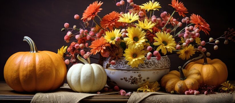 A still life painting depicting an autumn-themed arrangement of colorful flowers and pumpkins displayed on a table.