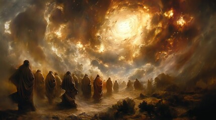 Doomsday, resurrection of the dead, figures in cloaks with hoods are walking towards the light coming from the sky