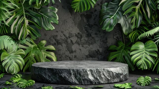 Black stone podium in front of green plant foliage to place your products. Generate AI image