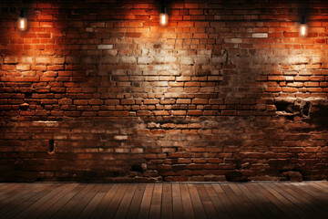 Textured red brick wall background with lighting.
