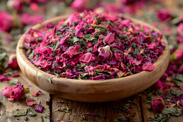 Pink Matcha. Matcha green tea mixed with pink rose petals in wooden bowl. Close-up