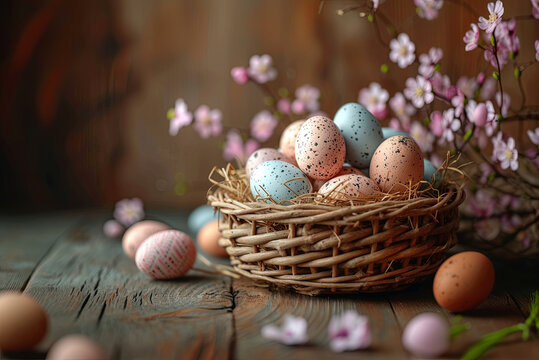 Basket of easter eggs with a pink and white flower in the background.