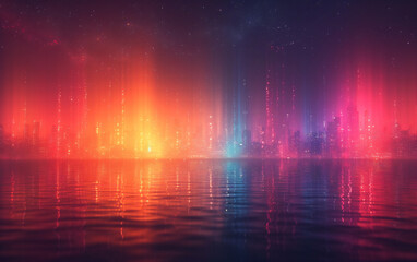 Vibrant cityscape, reflecting in water, is illuminated under a starry, colorful sky.
