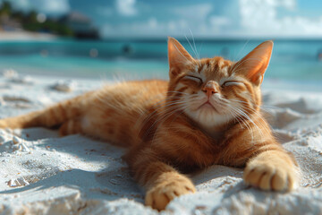 Cat sunbathing on a picturesque beach enjoys the bright sunlight amidst a serene setting.
