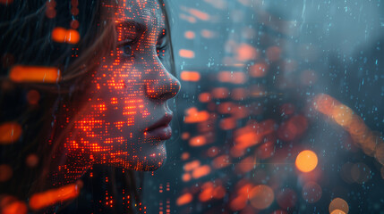 Woman’s Face Overlaid With Digital Red Data in Futuristic Environment, Symbolizing Artificial Intelligence, Cybersecurity, and Technology