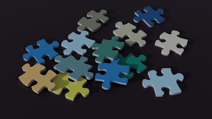 Jigsaw puzzle pieces on dark background - 3D render illustration