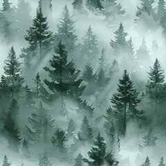 Illustration of a foggy evergreen forest, seamless pattern